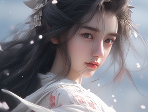 close-up, 1 ancient Chinese handsome girl, clear facial features, focus her face, dressed in white Hanfu, martial arts action, in battle, clouds and mist in the background, 3D art, rim light, soft light, film edge light, fine gloss, ultra - detailed, HD niji 5