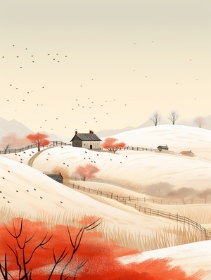 Hand drawn illustration wallpaper,rural fields,Christmas atmosphere,clear thin lines,cute,detailed brushstroke,Ryo Takemasa,8k,plenty of copy spacear3:4v6.0s250