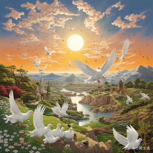 太阳月亮映蓝天 鸽子羊繁荣富强
