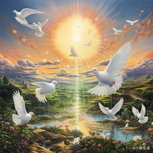 太阳月亮映蓝天 鸽子羊繁荣富强