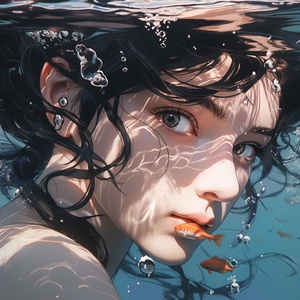 Girl swims underwater, black hair, Sparklingearrings, close eyes, Sadness ofemotions yizheng ke style in a realistic hyper detailed render style, Colorful reflections and details, brush, Low exposure, hyper-realistic oil, full body, Correct anatomy. Tyndalleffect, water drops nother-of-pearliridescence, pure background, Dark tonestyle, realistic