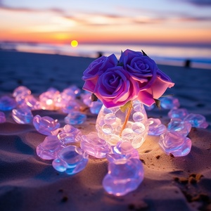 This is a beautiful beach. Under the setting sun, there are many smooth and round transparent crystal roses scattered on the beach. Crystal roses with transparent agate texture gradually become white and beautiful. Luminous transparent purple light green crystal rose, luminous transparent blue light white crystal rose, colorful, crystal clear, sparkling, bright lighting, wide-angle lens, smooth and delicate, luminous opal, high-definition 8k v ultra wide-angle, ultra detail ar 2:3 v 4