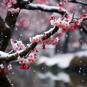 冬日梅花，有雪地，梅花开满大地，雪花飘落，铺满整个大地和梅枝。