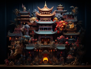 large, colorful asian type temple hung in front of a dark background, in the style of meticulous photorealistic still lifes, assemblage pieces, tim shumate, confessional, carnivalcore, tabletop photography, nikolai lockertsen