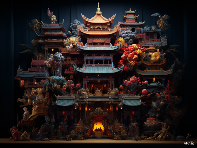 Vibrant Asian Temple on Dark Background: A Photorealistic Carnivalcore Confessional