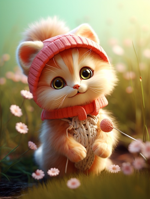 A cute and sweet Pixar kitten, fluffy and chubby, knitted hat with red bow, long dress, holds a rose in both hands, beautiful blue eyes, slim body, sweet smile, opens mouth on a spring morning, Small daisies, delicate and delicate, clean sunlight, fairy tales, incredibly high detail, Pixar style, romantic elegance, vibrant colors, natural light, simple background, pure blue, 5 degrees and octane rendering, artstation pop, gorgeous, super wide - angle, 8K, high - definition vivid