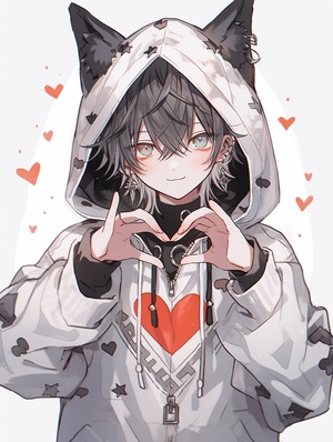 a young kemono boy put hands to form a heart shape, silver messy hair and black hair, wearing pop colored hoodies,pierce,in the style of charming anime characters,furry art, Japan traditional color and pattern background,detailed character design niji 5