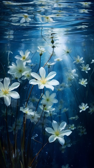 Blue-white flowers in water, crystal clear water, surrealism, looking up view, bioluminescence