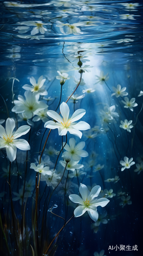 Surreal Blue-White Bioluminescent Flowers Reflecting in Crystal Clear Water