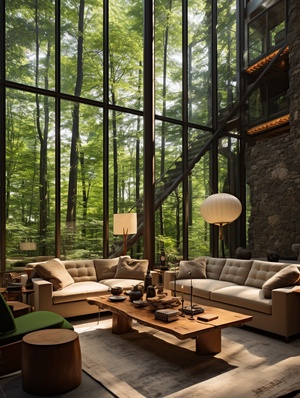 公交车，停车站，街景，等待，男性，灰发，碎发（精细），下雨，撑Forest glass house, living room - Deep forest green style, surrounded by tall trees, allowing natural light to stream in through the large windows. The room is decorated with warm earthy tones, featuring cozy seating arrangements and soft lighting. The glass walls offer an unobstructed view of the lush surroundings, allowing you to experience the beauty of nature from the comfort of your own space. The high-definition 4K cameras capture the intricate details of bark textures a