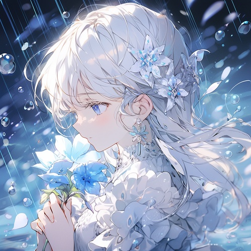 a girl with white hair is holding a crystal white flower, in the style of luminous and dreamlike scenes, blue, [ruan jia], romantic scenery, glistening, azure, delicate niji 5 ar 9:16