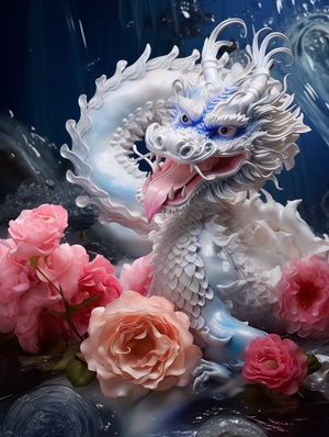 Surreal,a chinese dragon on the sparkling white water with foil and jade pink peony flower, they,Sapphire dragon horn,beautiful curves, sunlight, spots,light and shadow, sacred, photography, real, high definiition, high detail, clean, best picture quality,light blue monochromatic color, in Miki Asai style, david nordahl, naturalist aesthetic,Perfect composition, 8K HD