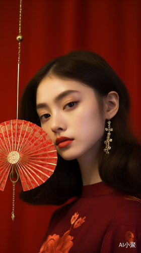 Beautiful Woman with Red Fan in Fan Ho Style