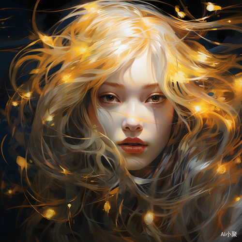 Romantic Chinese Girl in Golden Hair and Yellow Light