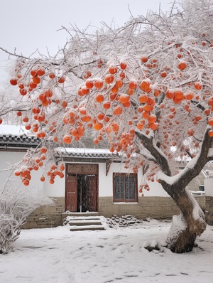 Cloudy day, a rustic brick house, a tall, luxuriant persimmon tree in the yard, thick snow on the ground, roof and trees, the snow is clean and level, close-up of the persimmon tree, more snow ,real photographic photo.,