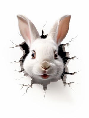 dorable rabbit out of the wall , laughing , eye contact ,3d sticker , white background