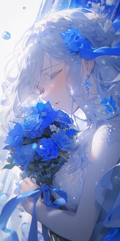 a girl with white hair is holding a crystal white flower, in the style of luminous and dreamlike scenes, blue, [ruan jia], romantic scenery, glistening, azure, delicate niji 5 ar 9:16蓝发长发，女孩，白色露肩短裙，正在崩溃大哭