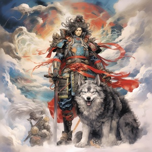 Character illustration by Feng Zhu and Yoshitaka Amano ,Chinese prints, Chinese mythological story characters, a war god character with three eyes wearing oriental armor, wearing a steel helmet on his head, a halberd in his hand, and a black vicious dog beside him, standing in the clouds and mist, Chinese style colorful colors, Chinese punk, warrior character, full body, flat color illustration