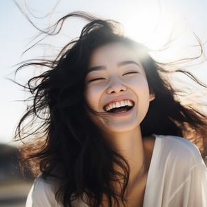 a,chinese,young,woman,with,long,hair,smiling,or,laughing,white,backgroud,sunshine,short,black,hair,looking,at,viewer