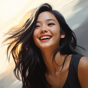 a,chinese,young,woman,with,long,hair,smiling,or,laughing,white,backgroud,sunshine,short,black,hair,looking,at,viewer