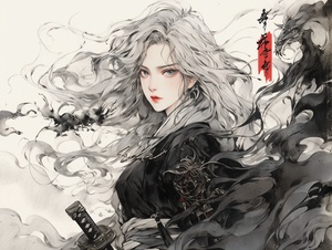 古风，美女，回眸，大眼睛，玲珑鼻，朱唇，白发飘逸，黑纱裙，握剑，武侠风，中国水墨，古风背景，漫画，高清画质