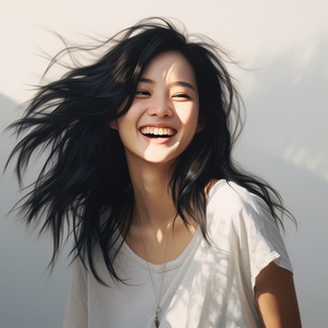 Smiling Chinese Young Woman with Long Hair