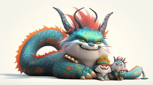 Lovely Chinese dragon and a cat, Chinese dragon, colorful cartoon characters, white background, colorful cartoon characters, colorful clothing,3d render , OC render, Best quality , 4K , Studio lighting