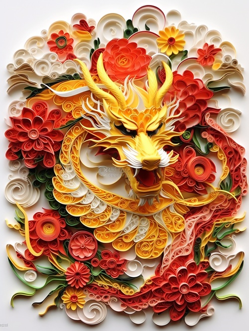 The Chinese zodiac dragon paper quilling style，Red and yellow, white background, Hd, I can't believe how beautiful this is ar 3:4 stylize 300 v 6