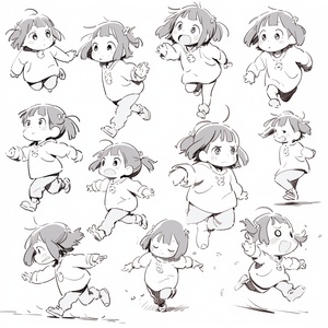 Very simple, minimalist, cartoon graffiti, line art, cute black line little girl, various poses and expressions. , running away, shy, Smile，eating, , surprised, laughing, etc. niji 5