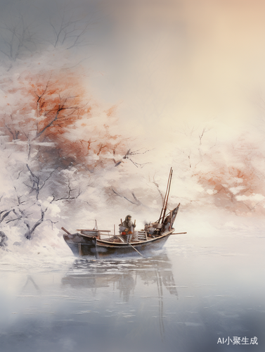 古代中国人钓鱼下雪的江水中的彩色水墨绘画艺术
