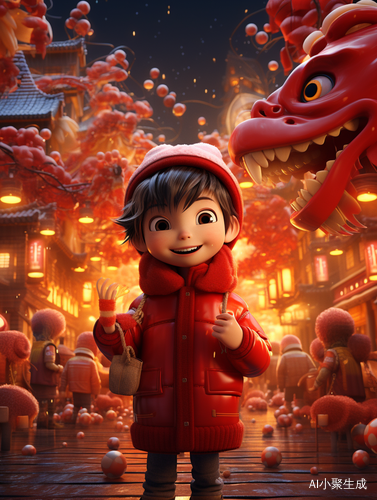 中国年喜庆的超现实主义场景32K渲染龙