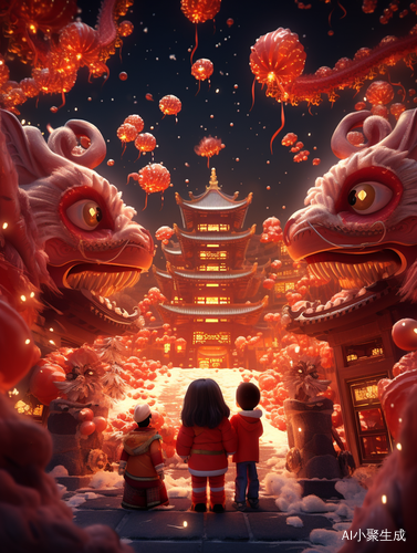 中国年喜庆的超现实主义场景32K渲染龙