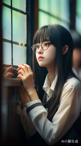 清纯日本美女高中生戴眼镜坐在教室里看窗外