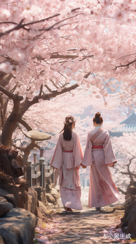 和服女性走在千本鸟居下，赏樱花飘落