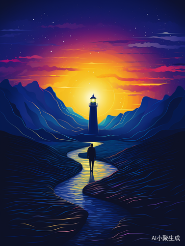 Minimalist Mountain Road with Lighthouse Illustration