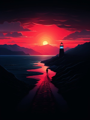 Minimalist Mountain Road with Lighthouse Illustration