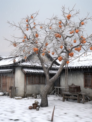 Cloudy day, a rustic brick house, a tall, luxuriant persimmon tree in the yard, thick snow on the ground, roof and trees, the snow is clean and level, close-up of the persimmon tree, more snow ,real photographic photo.,