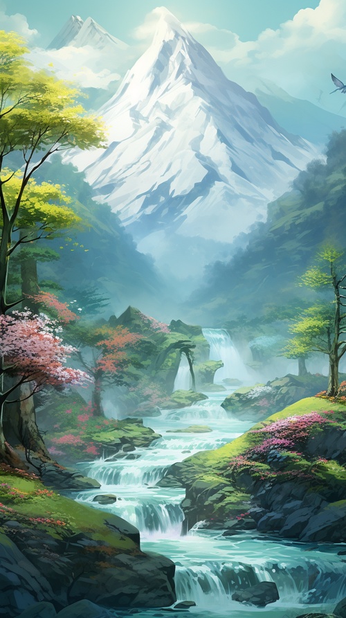 山，河流，花朵，绿树，春意盎然，美景，中国插画风，超高清