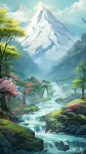 中国插画风美景：山河流花绿树，春意盎然的超高清