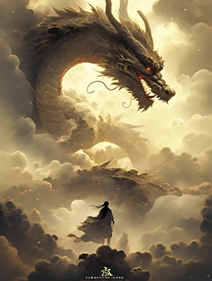 Movie poster, a Chinese Dragons with wings,Washpainting，ink drawing, endurance art，Smoking cloudCrepuscular，Dunhuang art, Black and gold，2D，Lowangle shot, Very imaginative, epic, ar 3:4s 750 niji 5