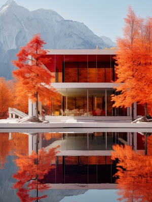 Autumn Mountains and Futuristic Minimalist Building