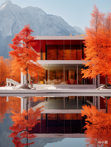 Autumn Mountains and Futuristic Minimalist Building