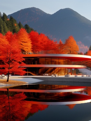 Autumn Mountains and Futuristic Minimalist Building