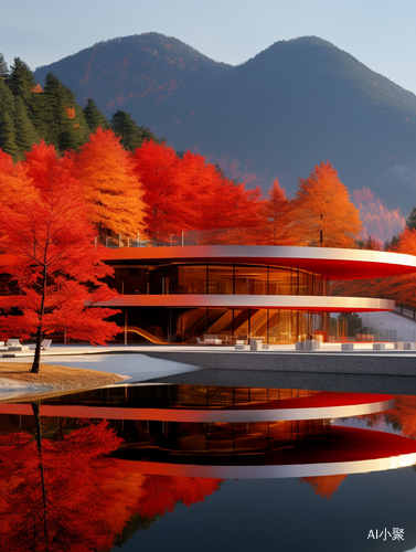 Autumn Mountains and Futuristic Minimalist Building