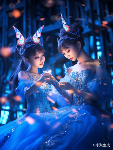 蓝色连衣裙的中国少女与奇幻光效