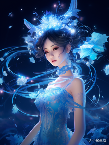 蓝色连衣裙的中国少女与奇幻光效