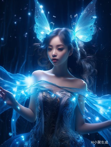 蓝色连衣裙的中国少女-蝴蝶翅膀-混合现实奇幻风格