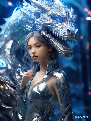 银色机甲少女骑乘银色机甲龙的未来幻境