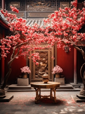 A Chinese Siheyuan, red and golden theme, a photo was taken in a real-life, deserted courtyard, red chinese decoration, classicism,luxury Spring Festival atmosphere, new Chinese style ar 3:4 v 6.0