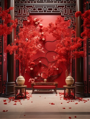 A Chinese Siheyuan, red and golden theme, a photo was taken in a real-life, deserted courtyard, red chinese decoration, classicism,luxury Spring Festival atmosphere, new Chinese style ar 3:4 v 6.0，超细节描述